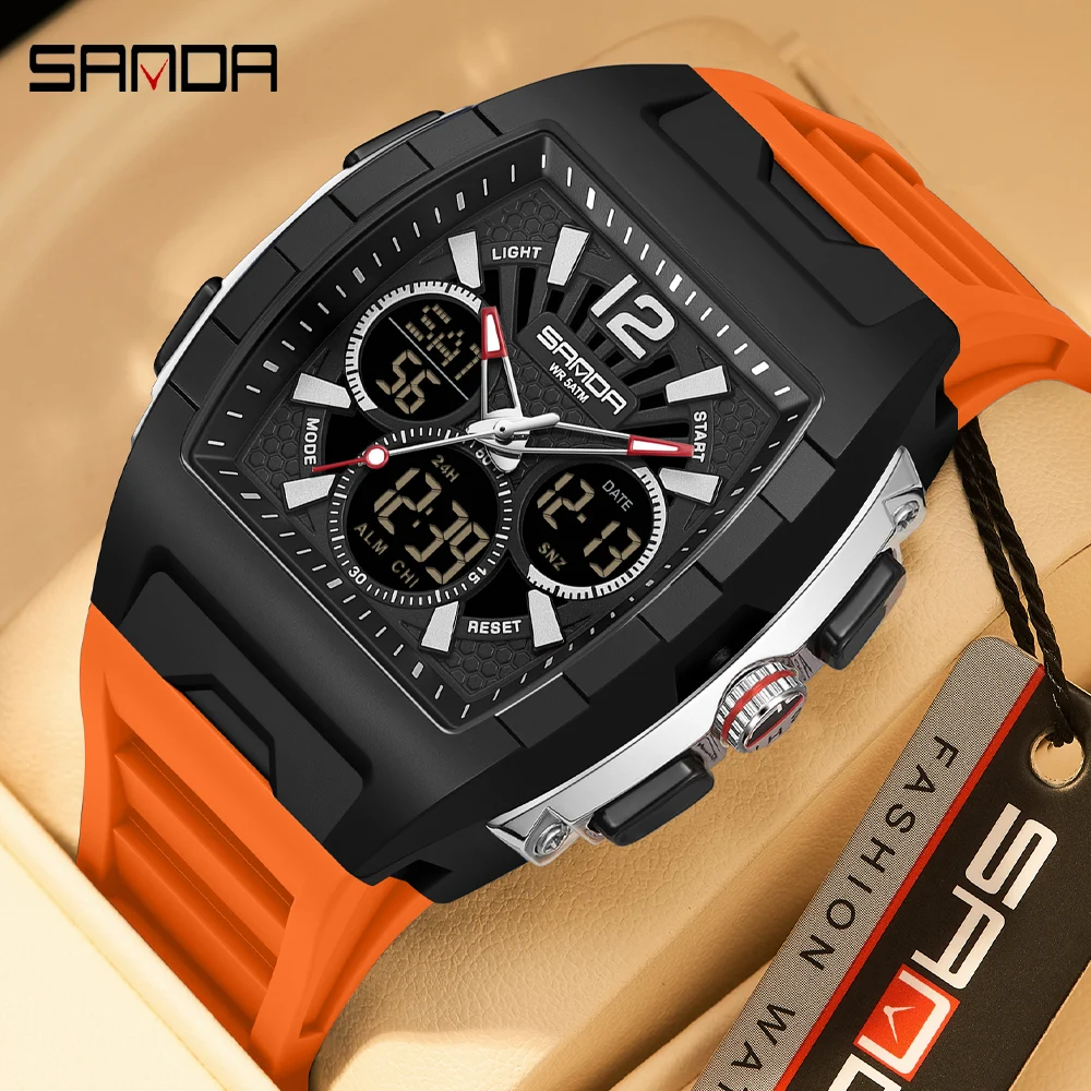 SANDA New Men's Dual Display Watch Business Sports Waterproof LED Analog Digital Countdown Electronic Quartz Male Wristwatch
