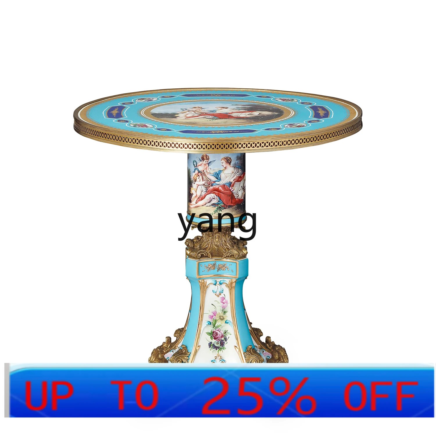 LTT European hand-painted ceramic inlaid copper round porcelain table
