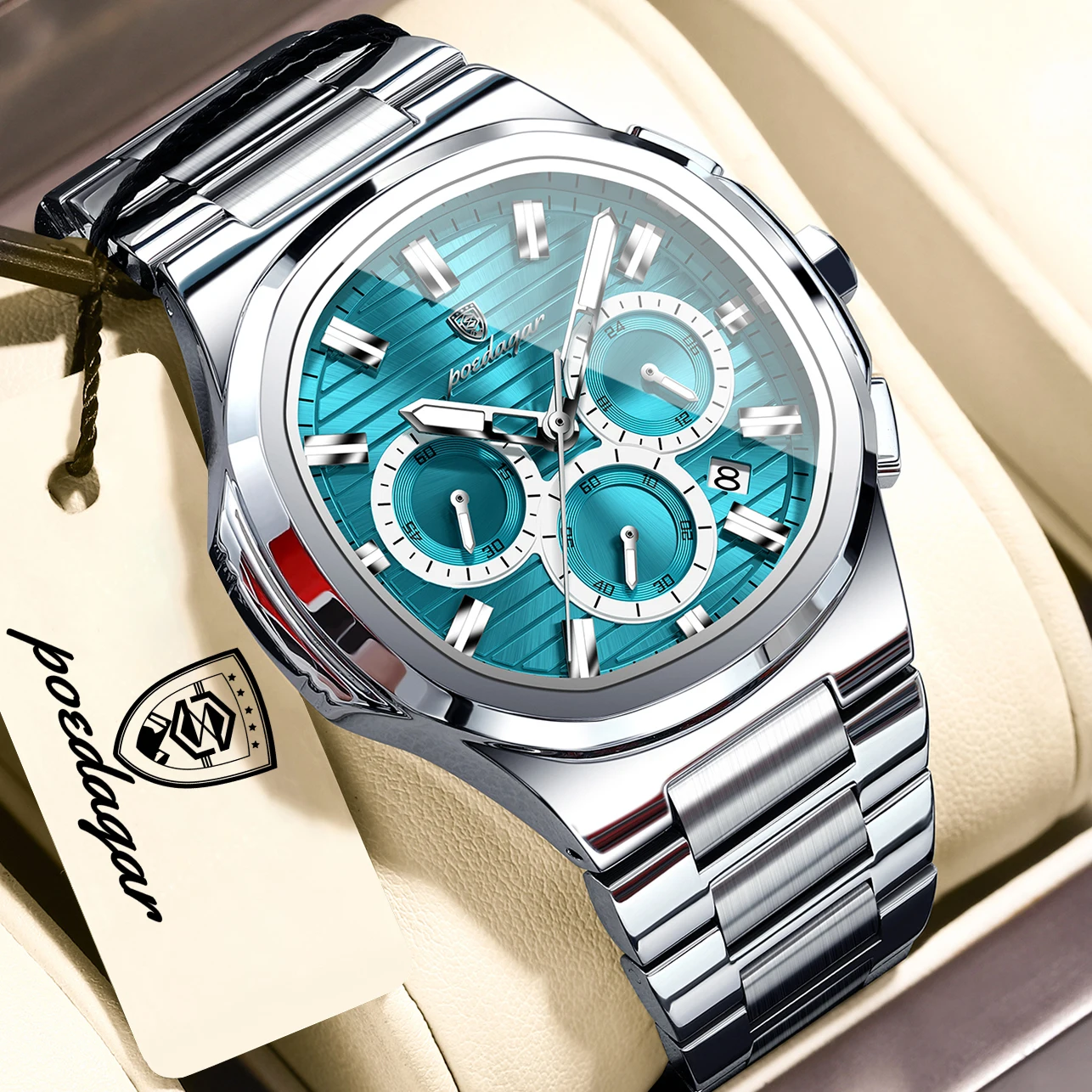 POEDAGAR Sports Man Watch Chronograph Date Luminous Waterproof Men Wristwatch Stainless Steel Fashion Quartz Men's Watches Reloj