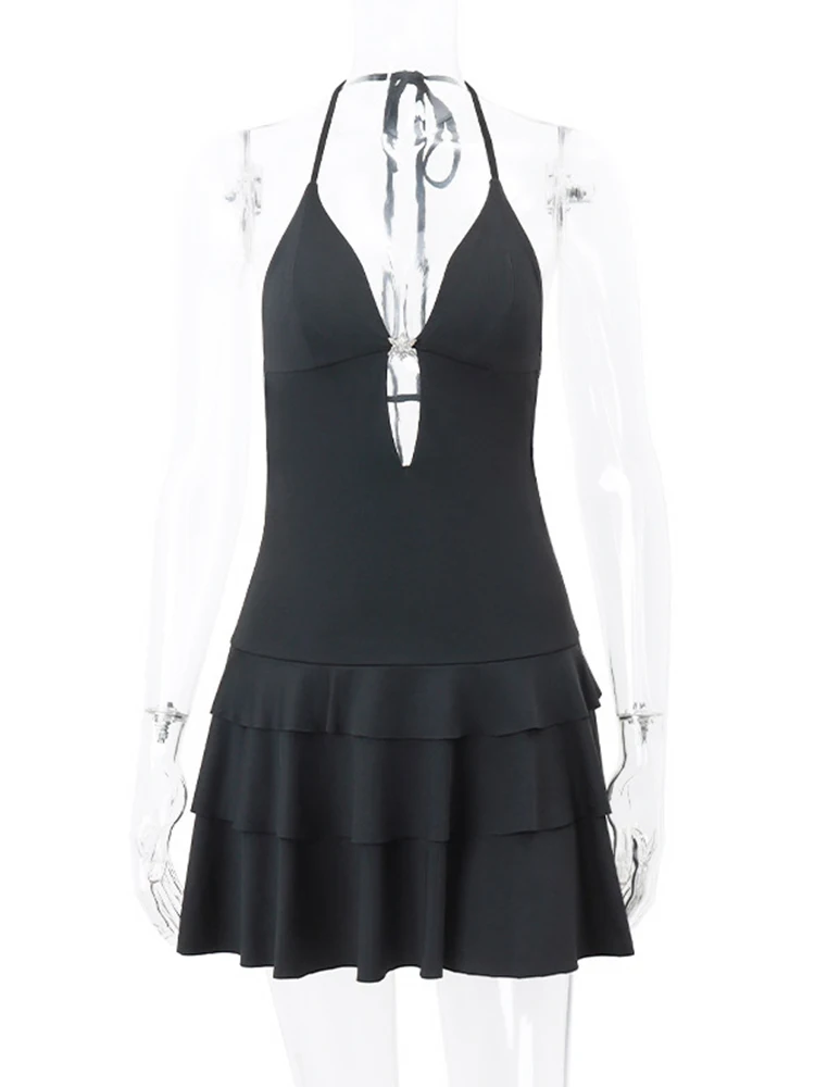 Abito nero sexy con camicette da donna elegante fasciatura mini abiti senza schienale moda slim volant abiti da club femminili