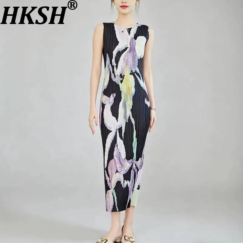 

Женское повседневное платье HKSH с цветочным принтом, без рукавов, с круглым вырезом, облегающее, элегантное, универсальное, модное, летнее HK22636