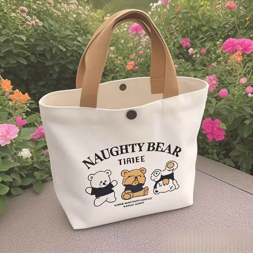 

New Sle Canvas Bear Lunch Box Handbag Student Office Work Portable Storage Bag Soft Polyester Material Cartoon Print Design
