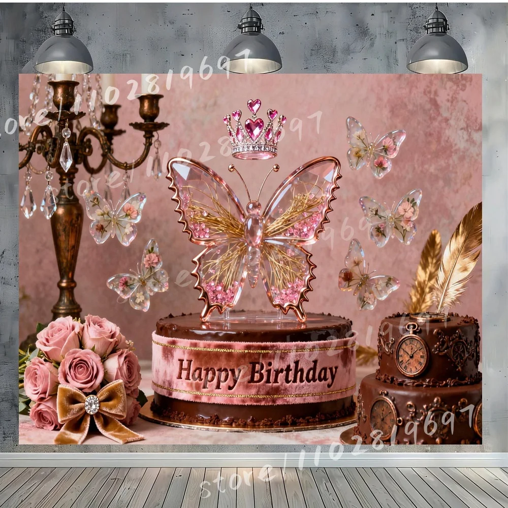 Happy Birthday Vinyl Backdrop Background with Colorful Butterfly Wings Crown Decor Ribbon Birthday Cake Pink Roses Pearls