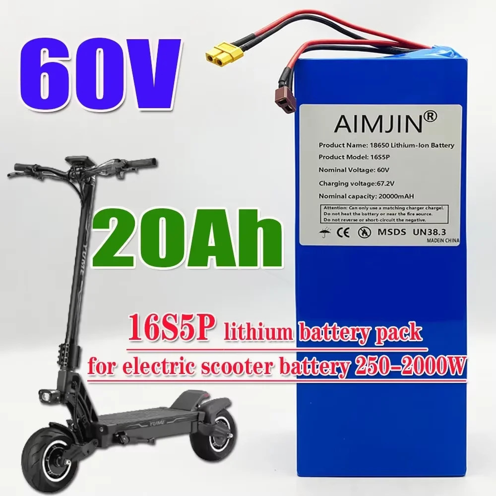 16s5p 18650 Lithium Battery Pack 60v 20000mAH battery built-in BMS for Motorcycle, scooter, Bicycle 2000W Motor