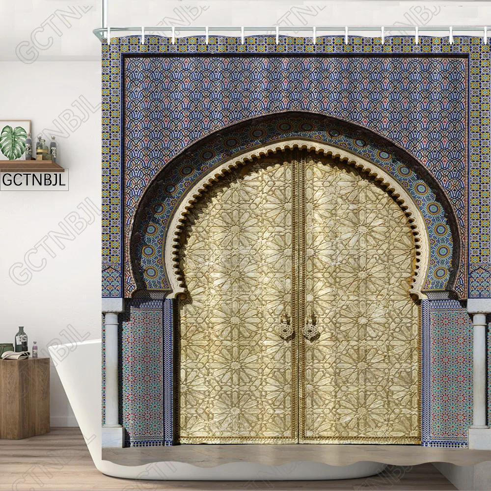 Moroccan Yellow Antique Arched Doors Shower Curtains Old Vintage Wooden Door Bathroom Waterproof Fabric Bath Curtains With Hooks