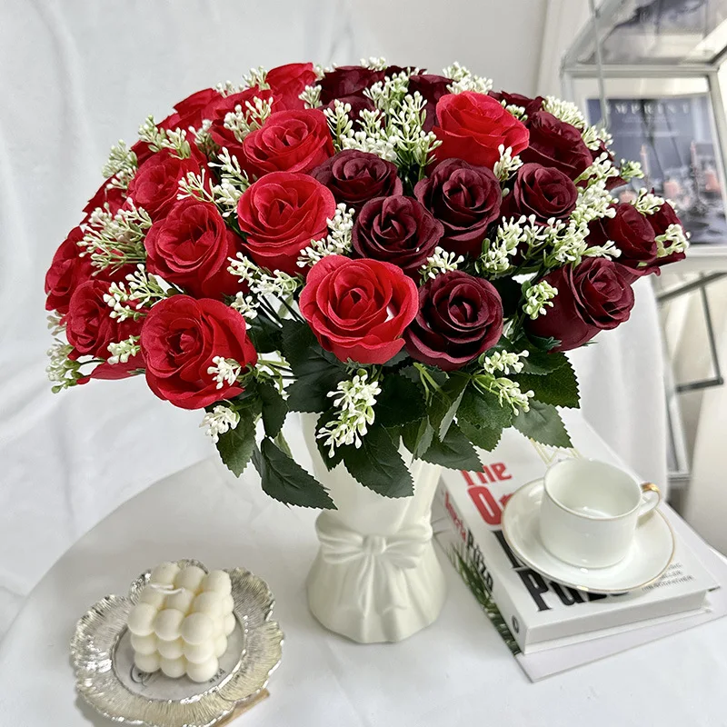 

40CM Artificial Silk Natural Roses Flowers New Year's Christmas Wedding Decorations Table Vase for Home Bridal Bouquet Party