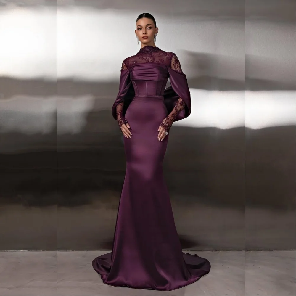 

Customized Formal Evening Dress Pleat Lace Bespoke Occasion High Collar Violet Charming Mermaid Long Dresses Elegant Party