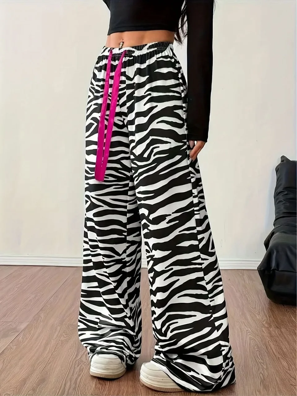 

Women's Zebra Print Wide Leg Pants - High Waist Drawstring Baggy Trousers Y2K Streetwear Summer Casual Loose Pants