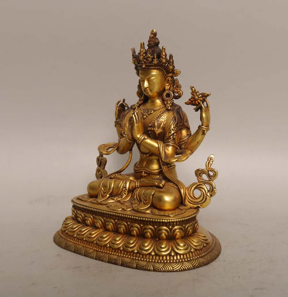 Tibetan copper gilt four-armed Tara Guanyin Bodhisattva statue ornament, home Buddhist hall supplies, small 15cm