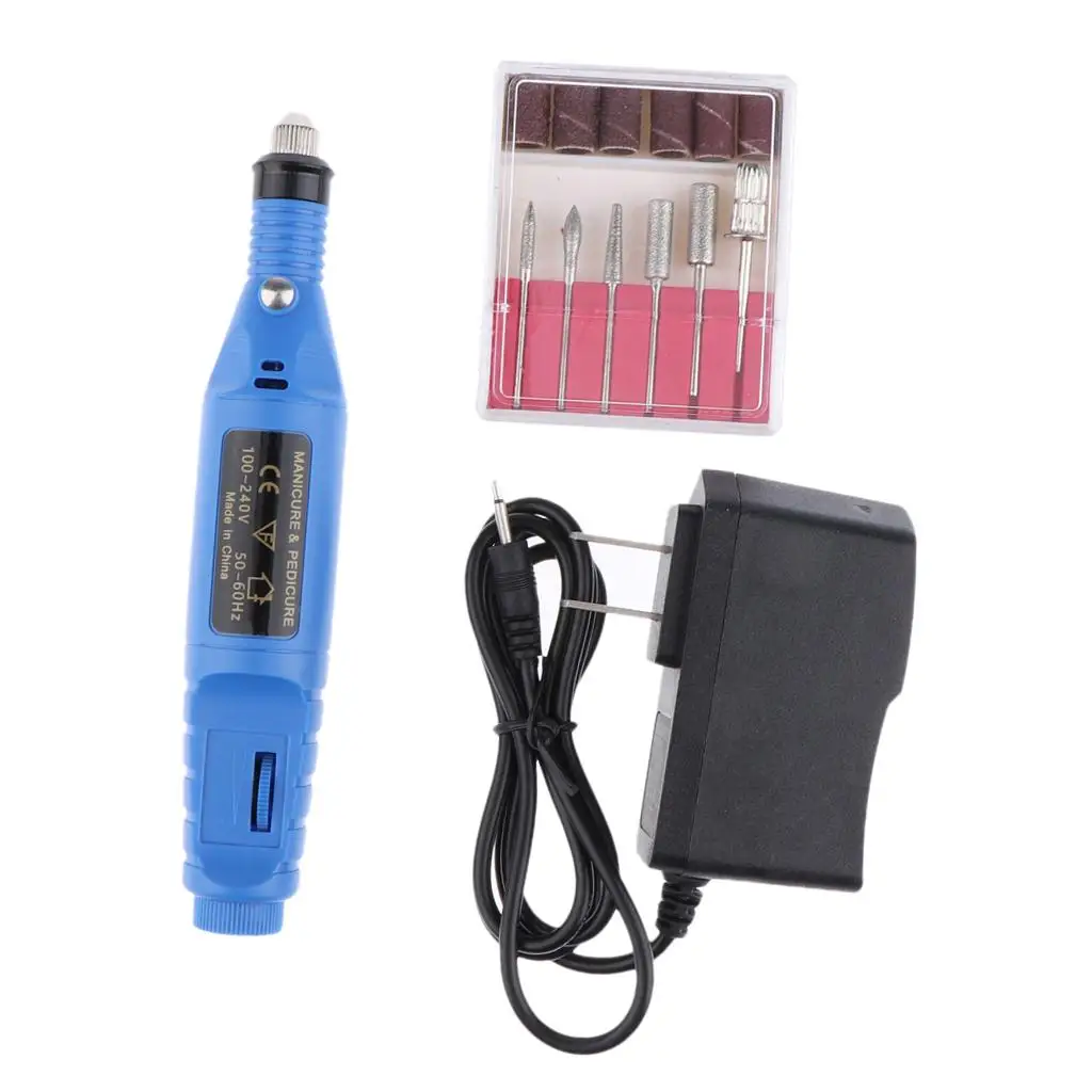 Nail Art Bohrer-Behandlungen-Set, Maschine, elektrische Feilenpuffer-Bits, Acryl, Maniküre, Pediküre, Hände und Nägel, Reparatur, US-Stecker – Blau