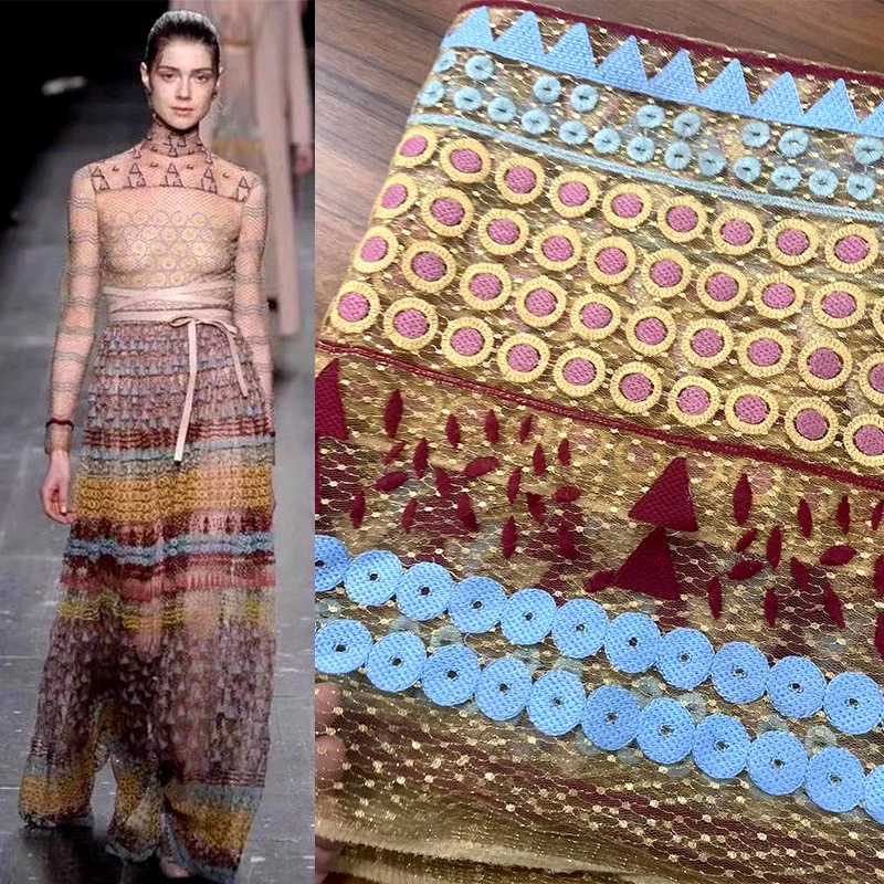 LASUI 3 yards high quality colorful bohemian heavy embroidery Gold mesh weave lace fabric DIY wedding dress X0588