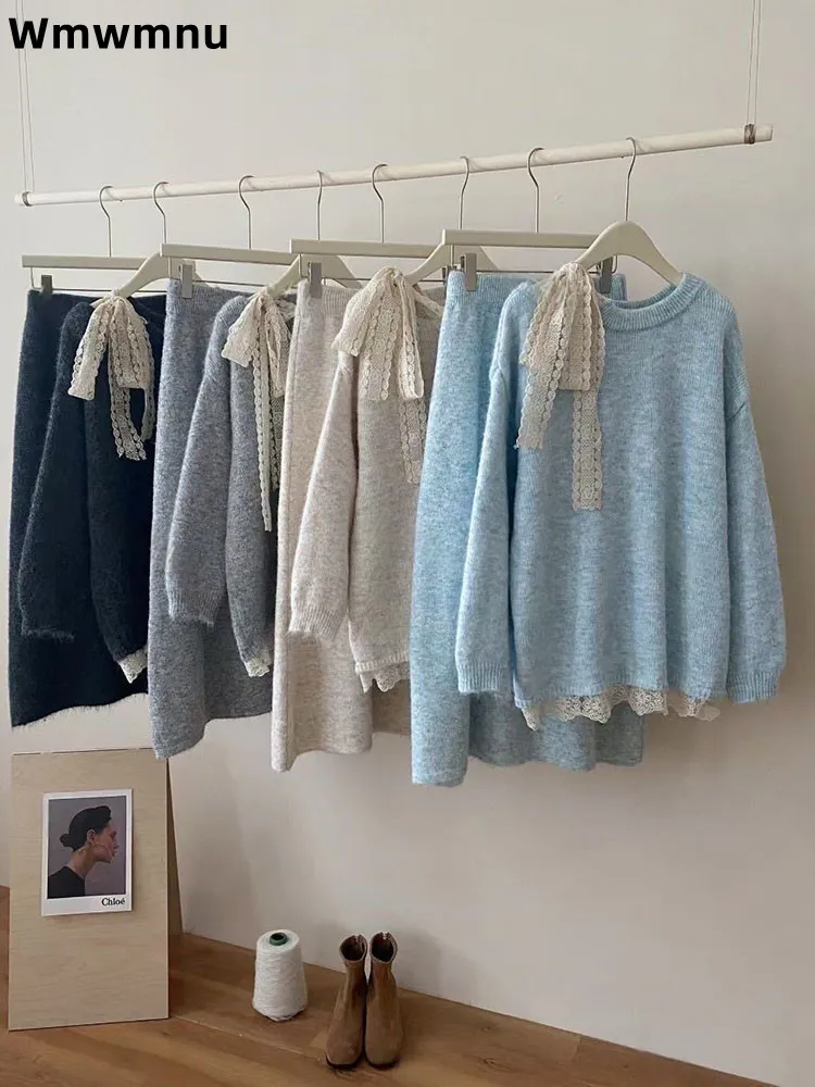 

Вязаный свитер с кружевным бантом Conjuntos, мешковатые женские повседневные модные юбки, ансамбли, модные свободные комплекты из 2 предметов с высокой талией