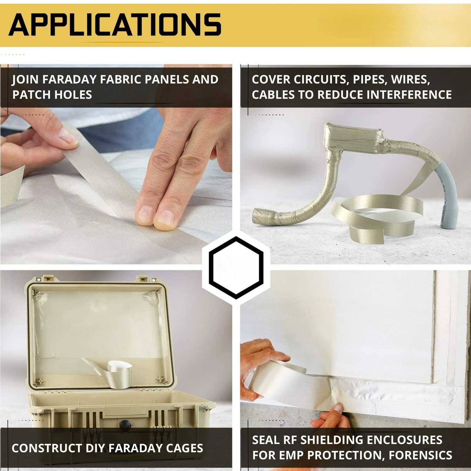 Conductive cloth tape, suitable for building or DIY (consumer) EMI/RF shielding equipment, components, cages, and enclosures.