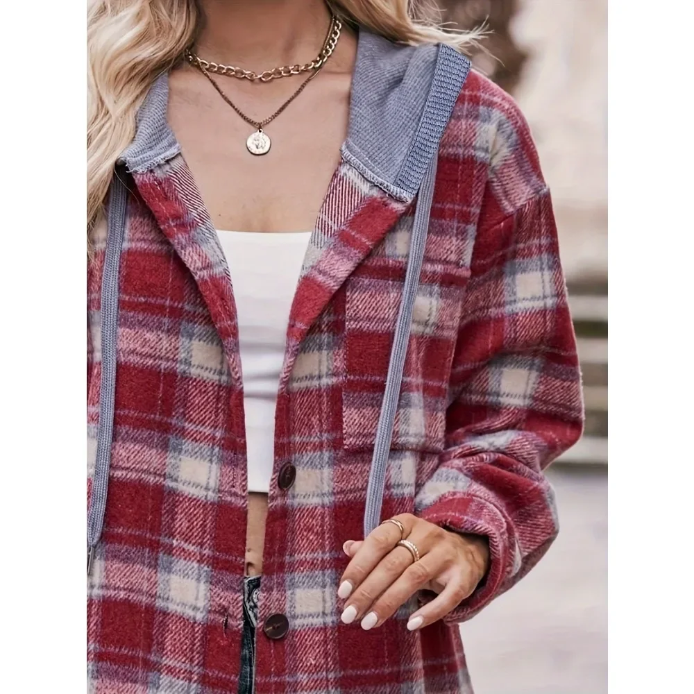 حجم كبير 1XL-5XL المرأة موضة كم طويل الخريف والشتاء الفانيلا منقوشة سترة السيدات عادية زر وهمية الرقبة سترة
