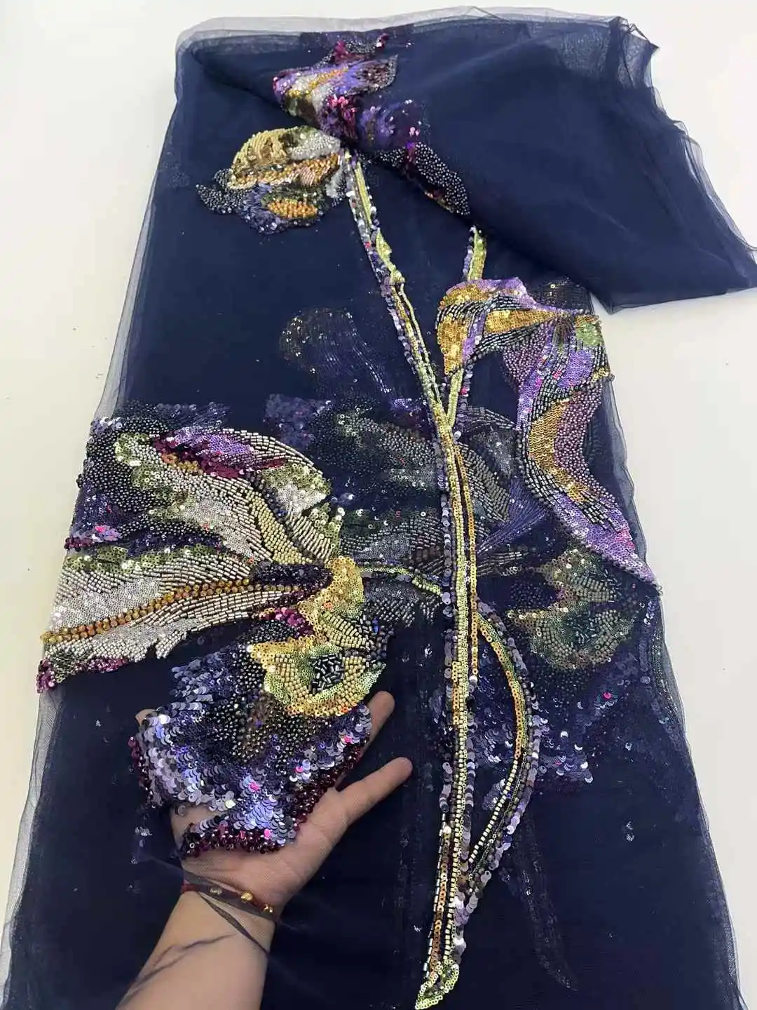 

High-End Handmade Beaded Lace Fabric Embroidery French Lace Wedding Dress Embroidered Aqua Tulle Fabric