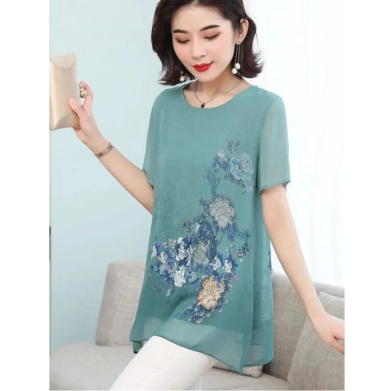 Women\'s Clothing 2022 New Summer Female Jacket Printing Chiffon Miss Shirt Short Sleeve T-Shirt  Mother Medium Long Top