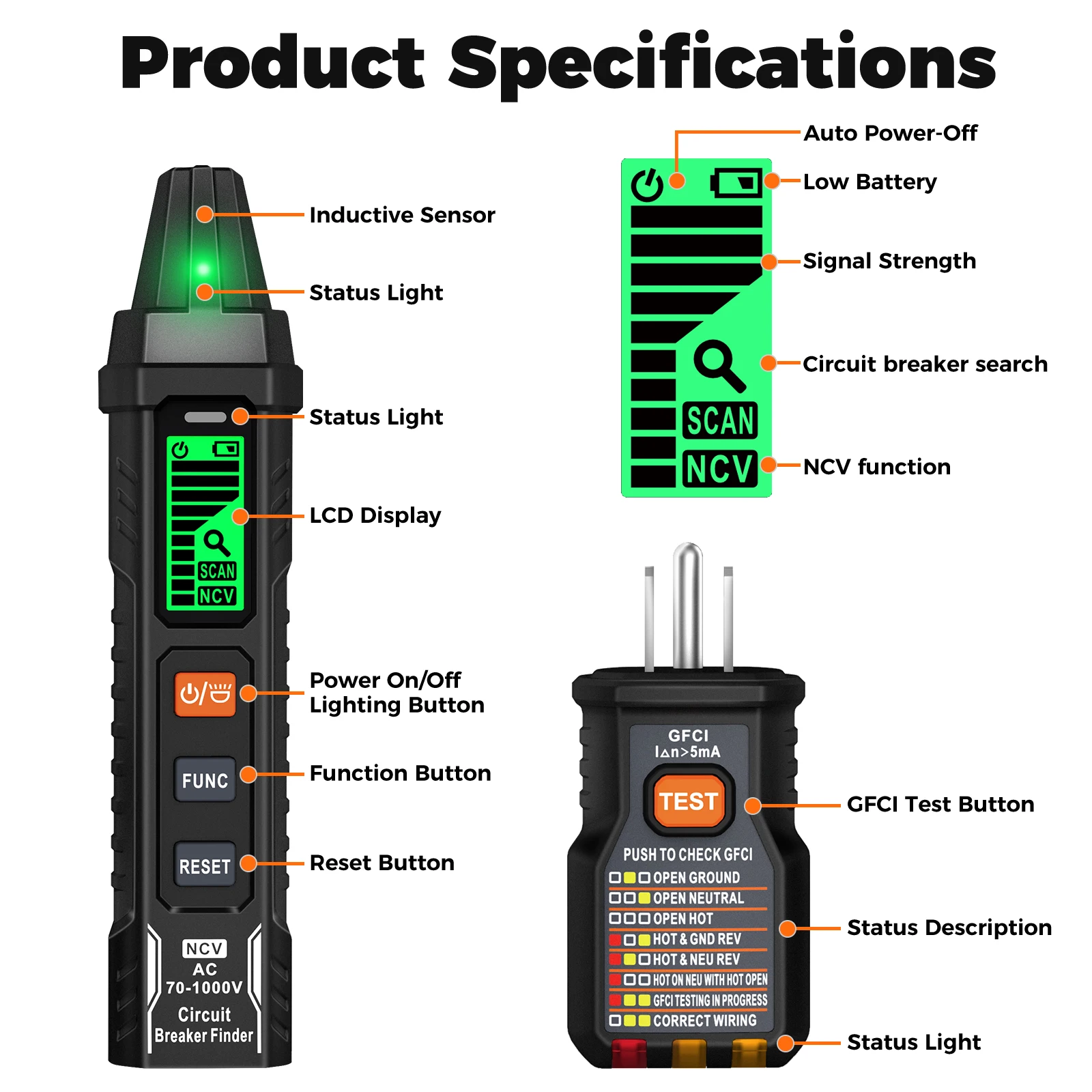 CF01 Schalterfinder 120V Schaltertester Sicherungsfassungstester US-Stecker GFCI-Steckdosenmessgerät Elektriker-Diagnosetool – Detail 8
