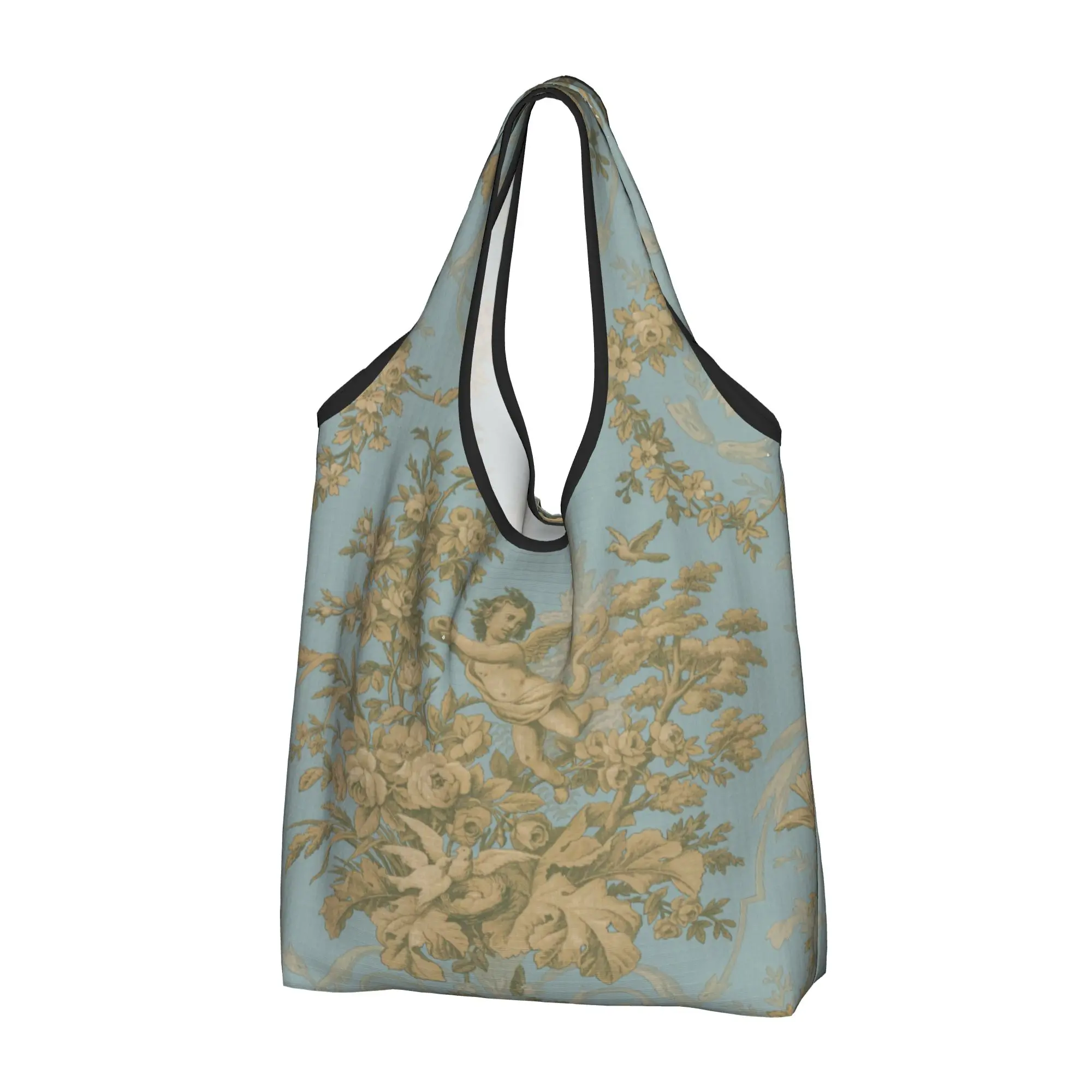 Custom Reusable Vintage French Blue Toile De Jouy Shopping Bag Women Tote Bag Portable Antique France Art Grocery Shopper Bags