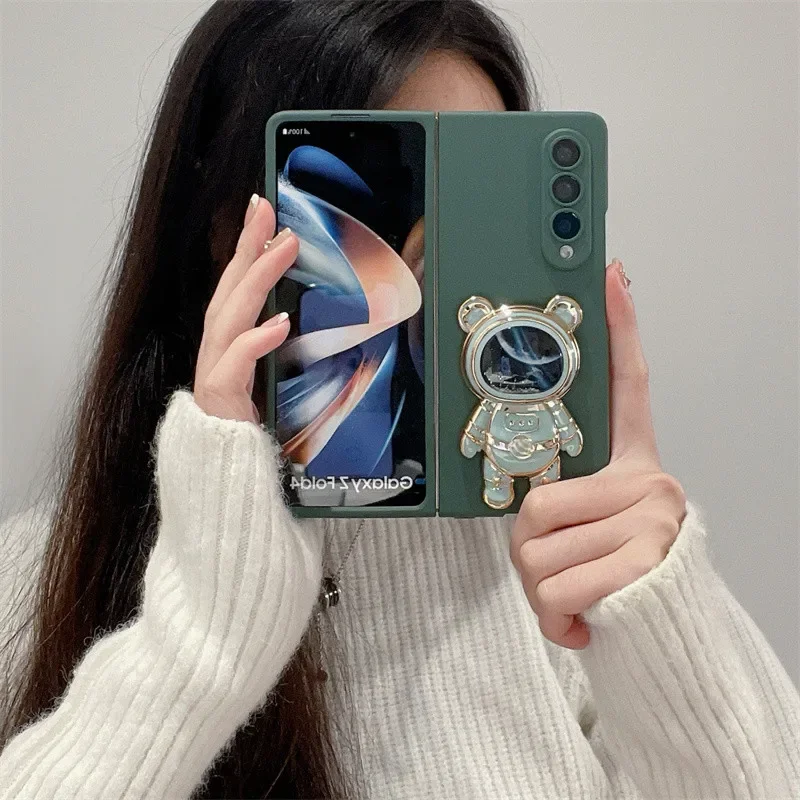 Fashion Cute Quicksand Space Astronaut Bracket Stand Holder Case for Samsung Galaxy Z Fold 6 5 4 3 2 Fold6 5G Matte Phone Cover