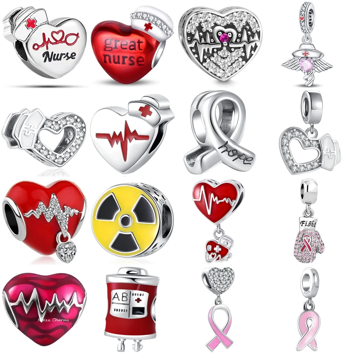 Breloques Médicales en Argent Sterling 925 : ECG, Cœur, Flacon de Sang, Ruban de la Conscience, Symbole de Radiations, Bijoux Cadeau