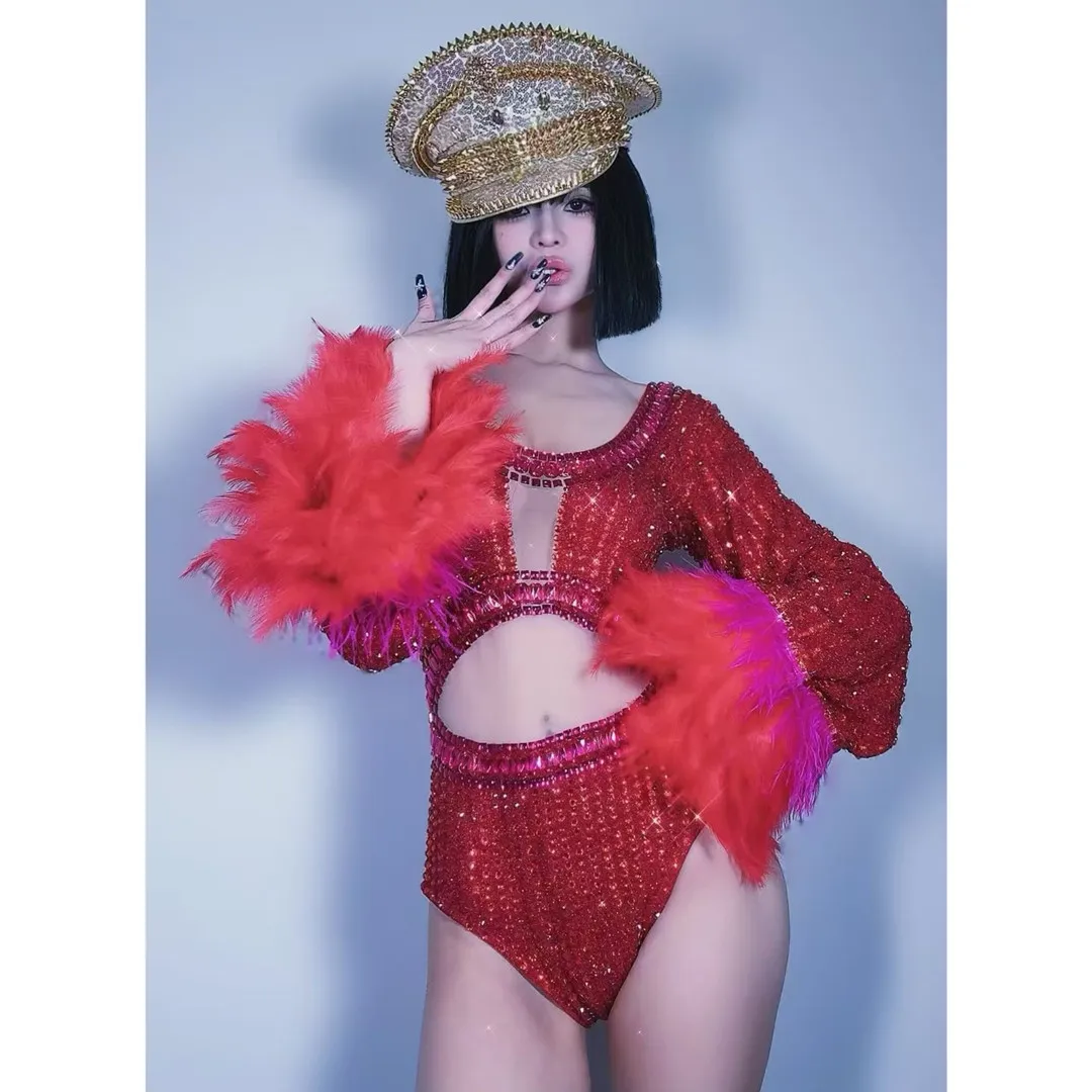 الفاخرة الأحمر الراين انقطاع ريشة الأكمام ارتداءها للنساء المغني راقصة مثير أداء المرحلة ارتداء بار الحفلة زي #2