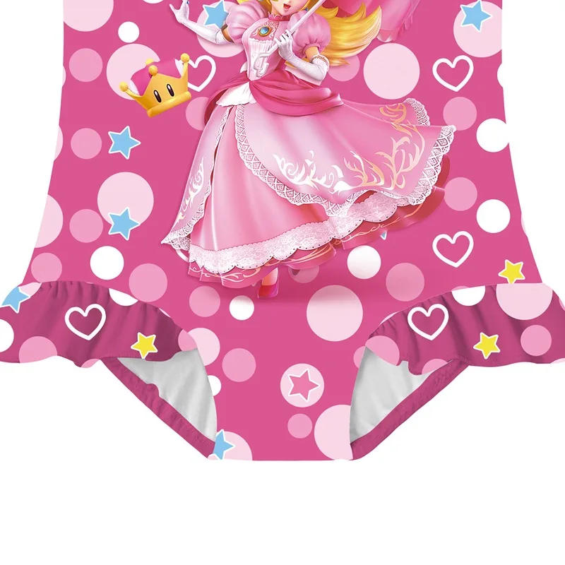 Bañador de princesa melocotón para niños, traje de baño de una pieza con estampado de dibujos animados, traje de baño con volantes, ropa de playa