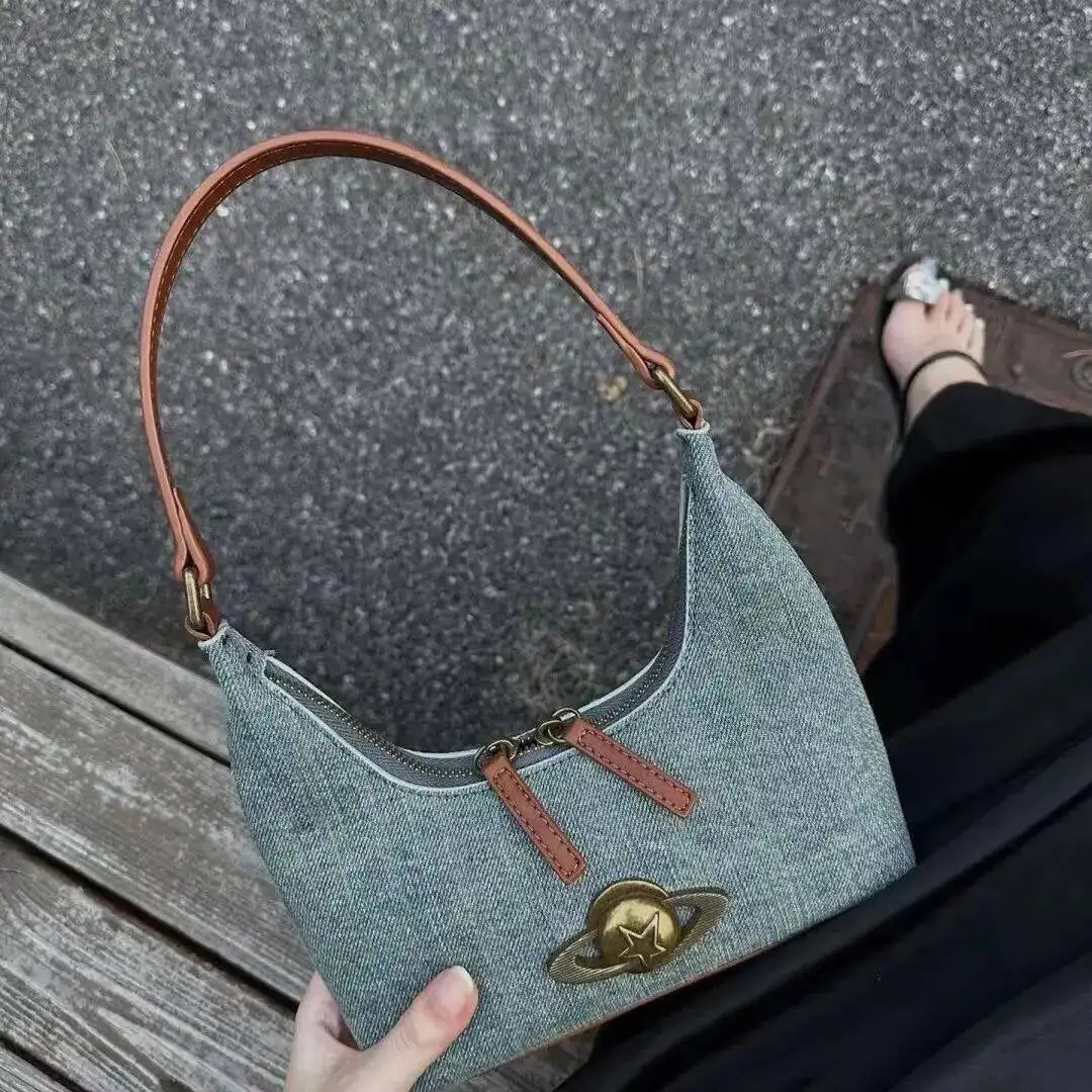 

Bloom Vintage Denim Underarm Women New Retro High Street Zipper Chic Y2k Hand Bag Purse Ladies Fashion Casual Bolso Mujer