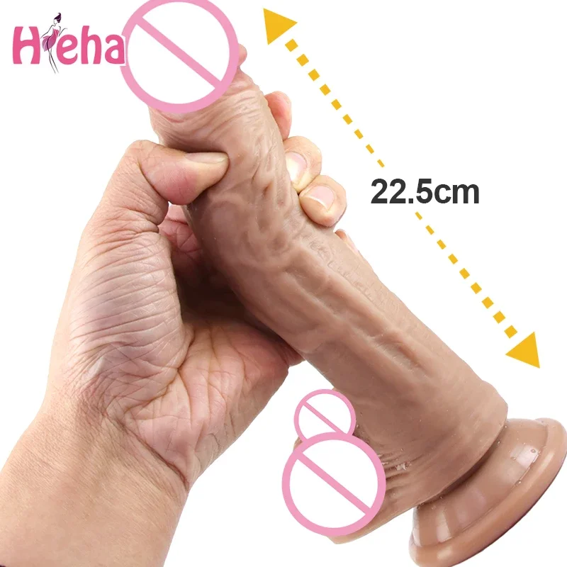 Consolador realista de 22,5 cm para mujer, Juguetes sexuales anales, pene falso grande enorme con ventosa, punto G Flexible, eje curvo y bola