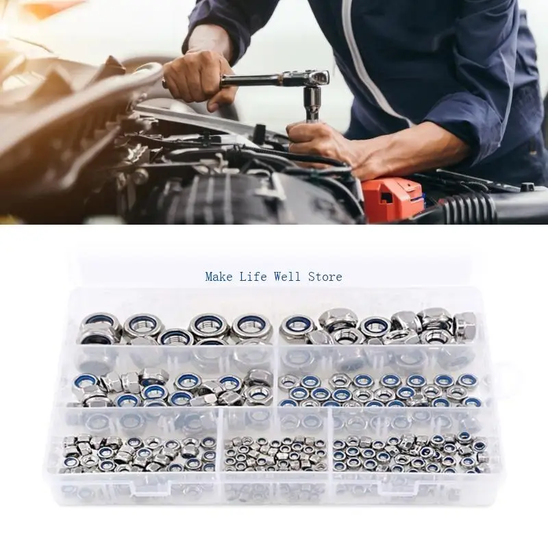  250Pcs 3/4/5/6/8/10/12mm Metric Lock Nut Nylon Insert Nut Stainless Steel Hexagon Locknuts Hardware Easy to Use