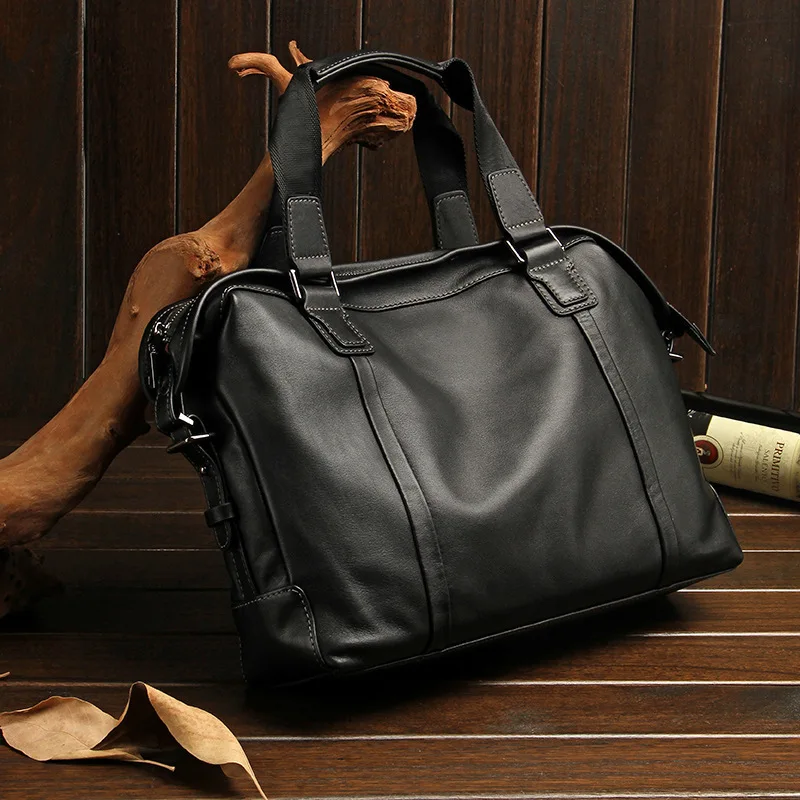 Borsa a tracolla casual in vera pelle da uomo, borsa alla moda, grande capacità, orizzontale, per computer, strato superiore in pelle bovina, valigetta da lavoro