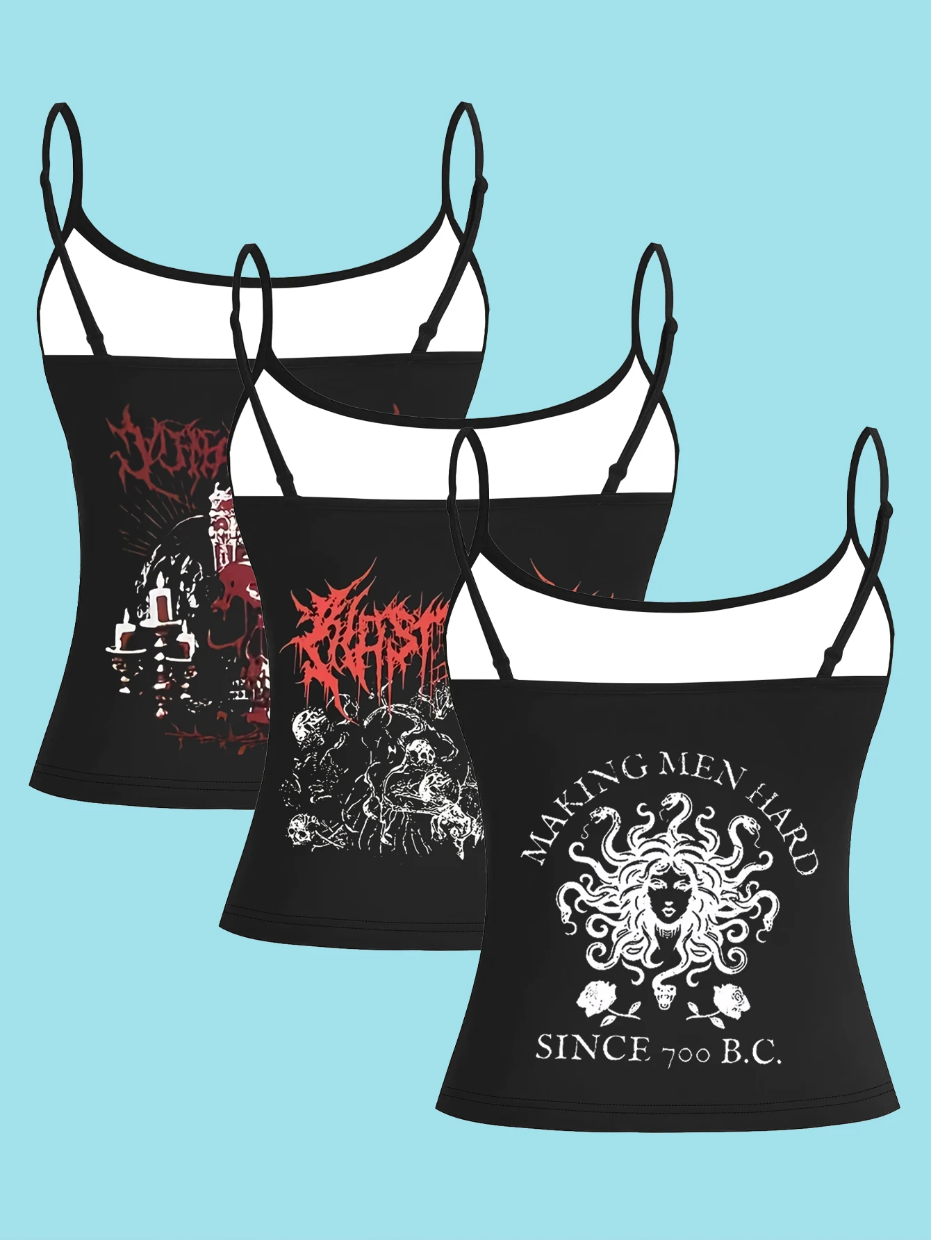 3-Piece Set of Dark Metal Style Medusa Skull Print Camisoles for Women, Death Metal Gothic Slim-Fit Sleeveless Hot Girl Inner Wear Tops