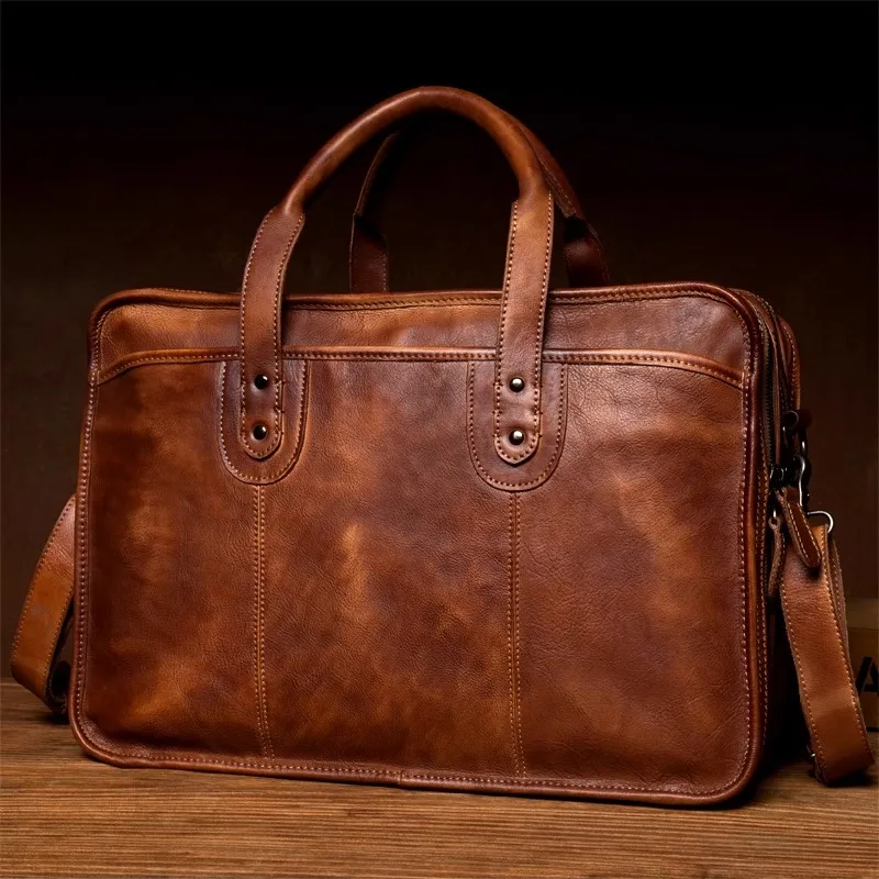 Borse da lavoro casual fatte a mano in pelle di vacchetta da uomo Valigette in vera pelle Borsa per computer a tracolla con tracolla orizzontale