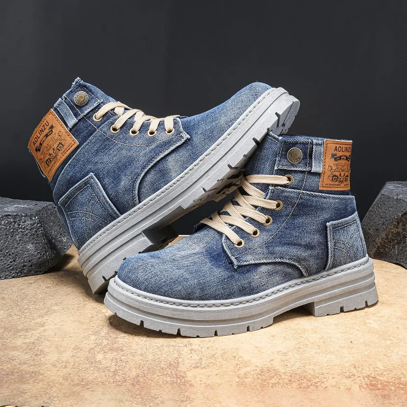 

Super cool laced up ankle boots men's autumn punk gothic style denim shoes man canvas booties oxfords shoes male high top boot