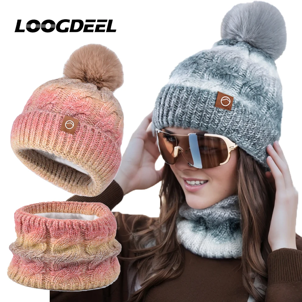 LOOGDEEL 1set/2Pcs Winter Warm Hat With Thick Velvet And Gradient Color Knitted Yarn Hat Windproof Pullover Hat Women