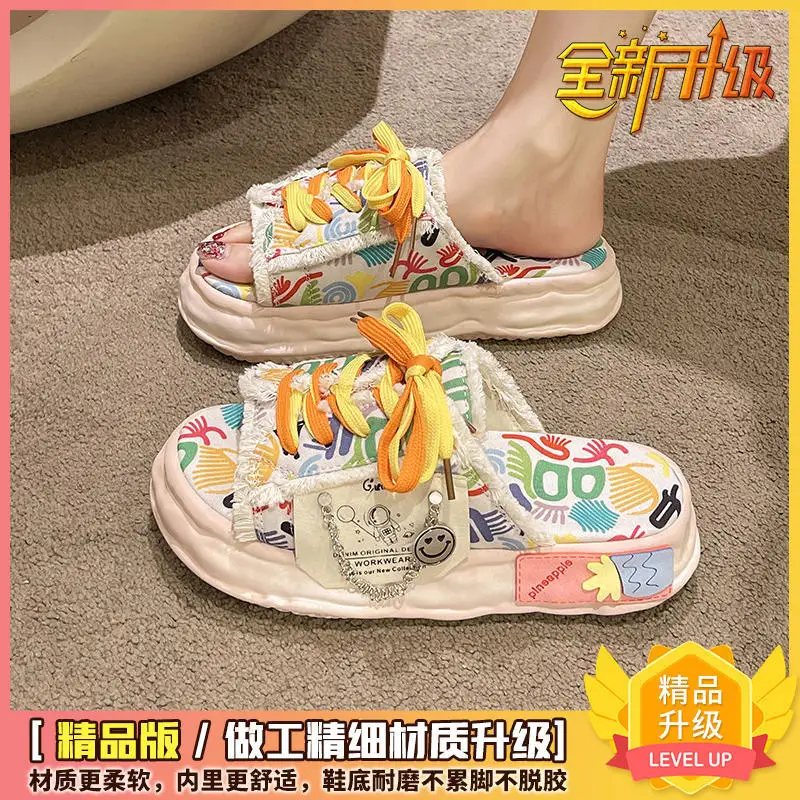 Internet Celebrity Graffiti Slippers Female Summer Outside Wear 2024 New Dissolve Thick Sole All Super Fire Flip-flops