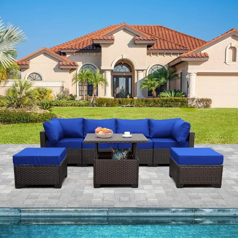 Outdoor Terrace Dark Brown Rattan 7-piece Set PE Willow Conversation Sofa with Adjustable Storage Platform