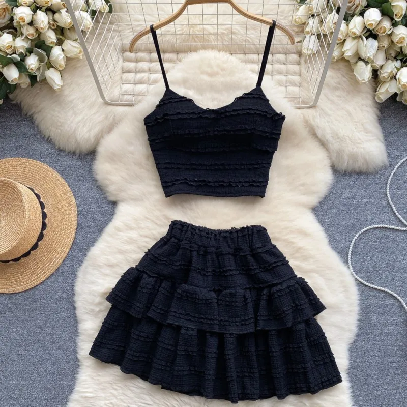 Fashion New Women Summer Solid Chic Skirts Suit Sleeveless Tanks Tops Pleated Mini Skirts Two Pieces Set Female Outfits Clothes