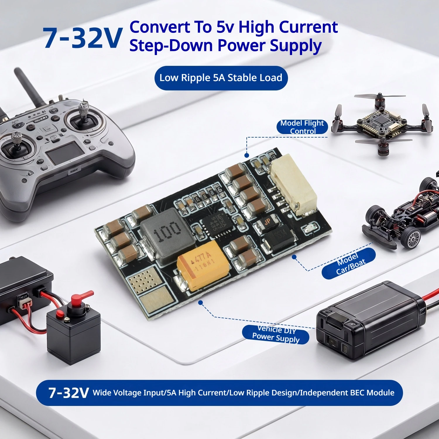 BEC Module DC7-32V to DC5V Step Down 5A High Current Low Ripple Voltage Regulator for RC Flight Controller Servo Receiver