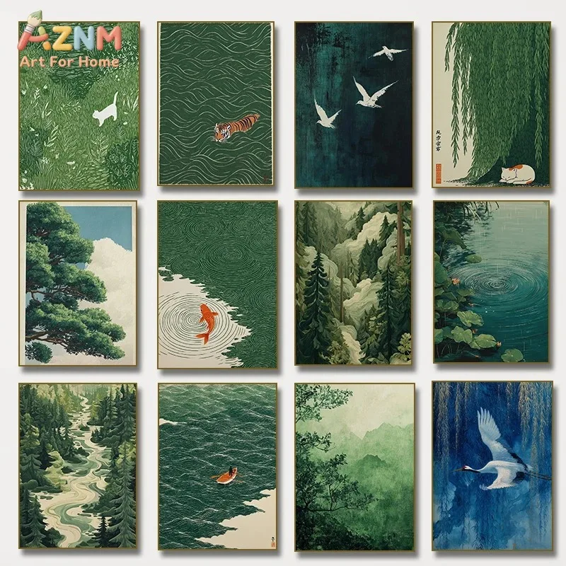 Retro Japanese Forest & Koi Fish Zen Water Waves Crane Painting Canvas Poster Print Wall Art for Peaceful Home Decor Cuadros