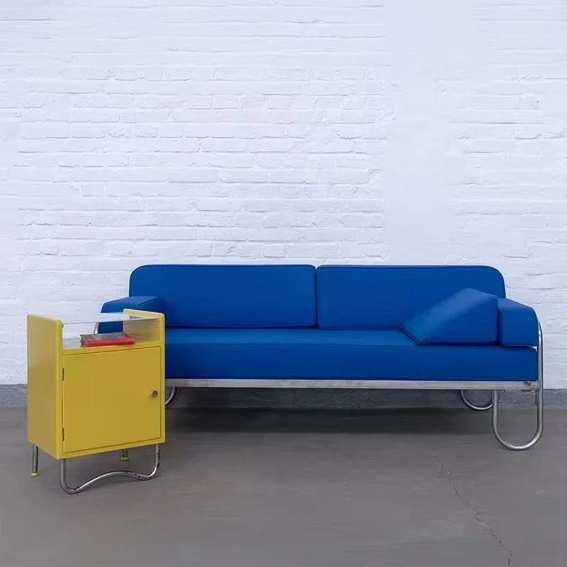 &c Vintage Bauhaus Klein Blue Fabric Sofa, Mid-Century Designer Straight Row Three-Seater Sofa for Small Spaces & Reception