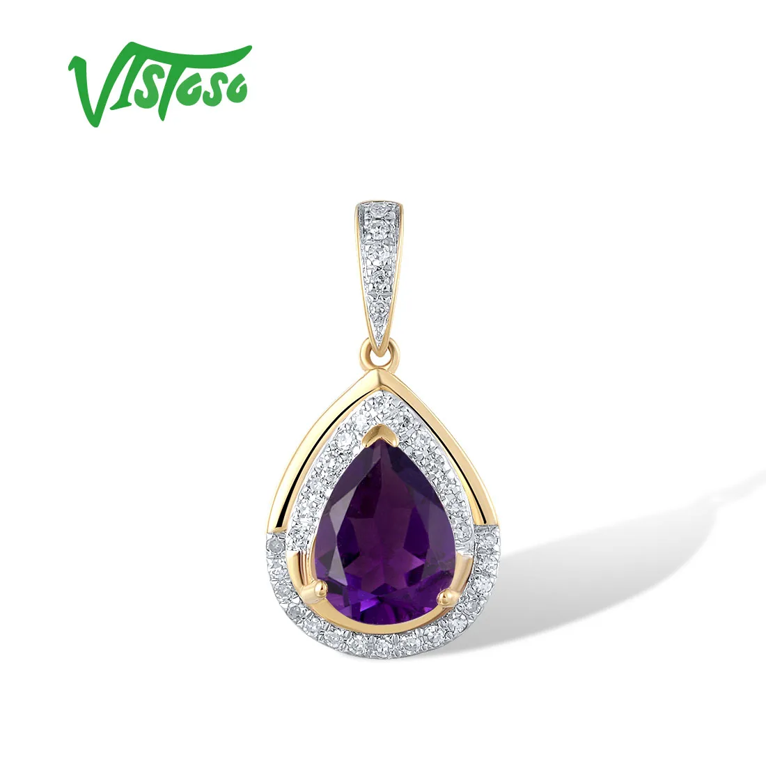 VISTOSO Real 14K 585 Yellow Gold Pendant For Women Sparkling Diamonds Teardrop Shape Amethyst Delicate Anniversary Fine Jewelry