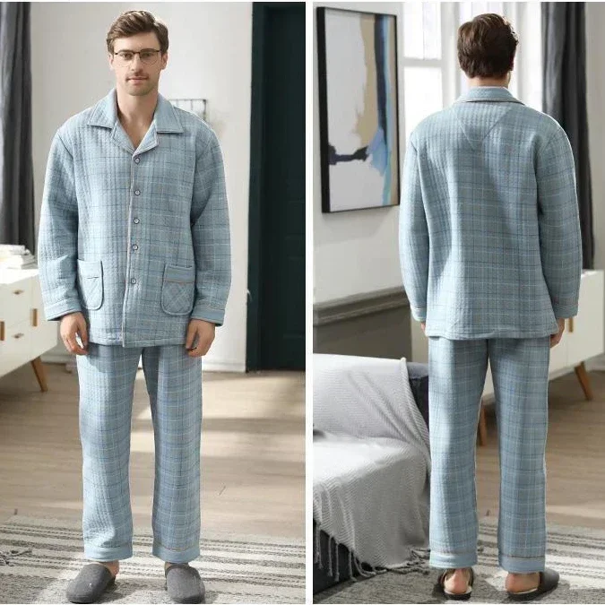 Fall & Winter Thicken Men\'s Pajama Sets Simple Warm Sleepwear Cotton Top Pant Leisure Outwear Soft Plus Size Loungewear 2024