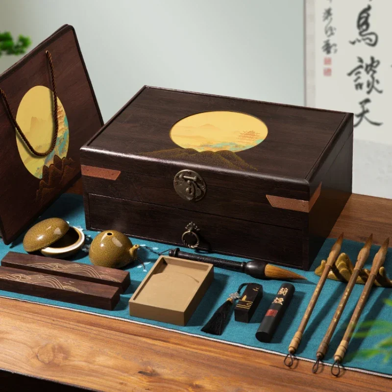 Chinese Style Calligraphy Supplies Set, Professional High-end Brush, Inkstone Pen Holder, Ink Bar Ruler, Gift Box