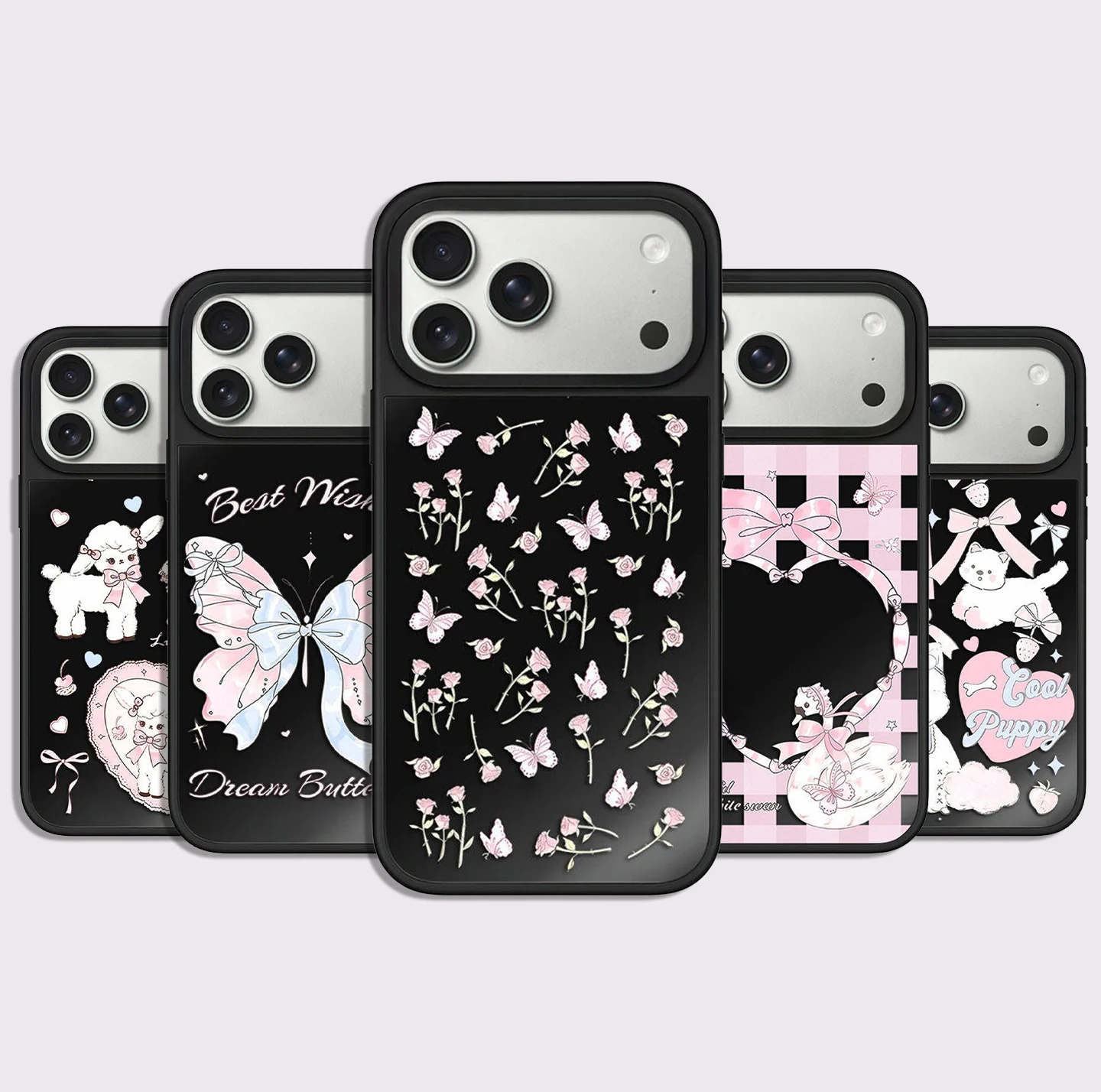 

Pink Flower Pupply Black Mirror Surface Magnetic Phone Case Cover for IPhone 12 13 14 15 16 17 Pro Max Case for IPhone 17 Air