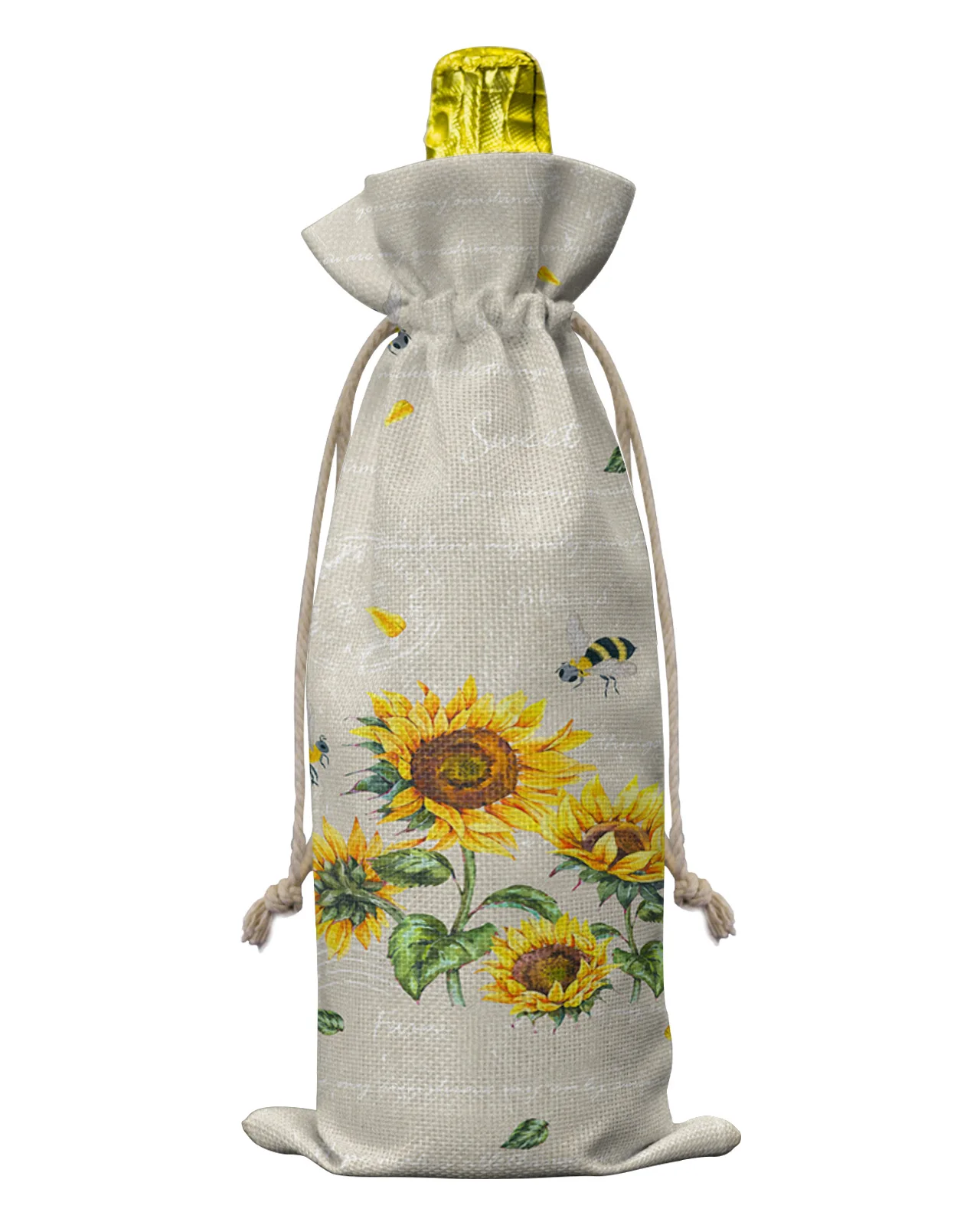 Farm Rustic Retro Sunflower Bee Wine Bottle Covers with Drawstring Wine Bag Packaging Bag Wedding Party Decor Gift