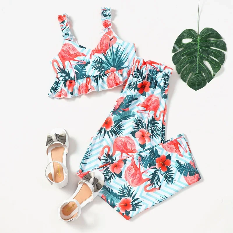 Fashion Clothes Girls Summer Outfits Animal Flamingo Flower Print Short Strap Tops+long Pants Beach Children Kids Clothes 5-10Y