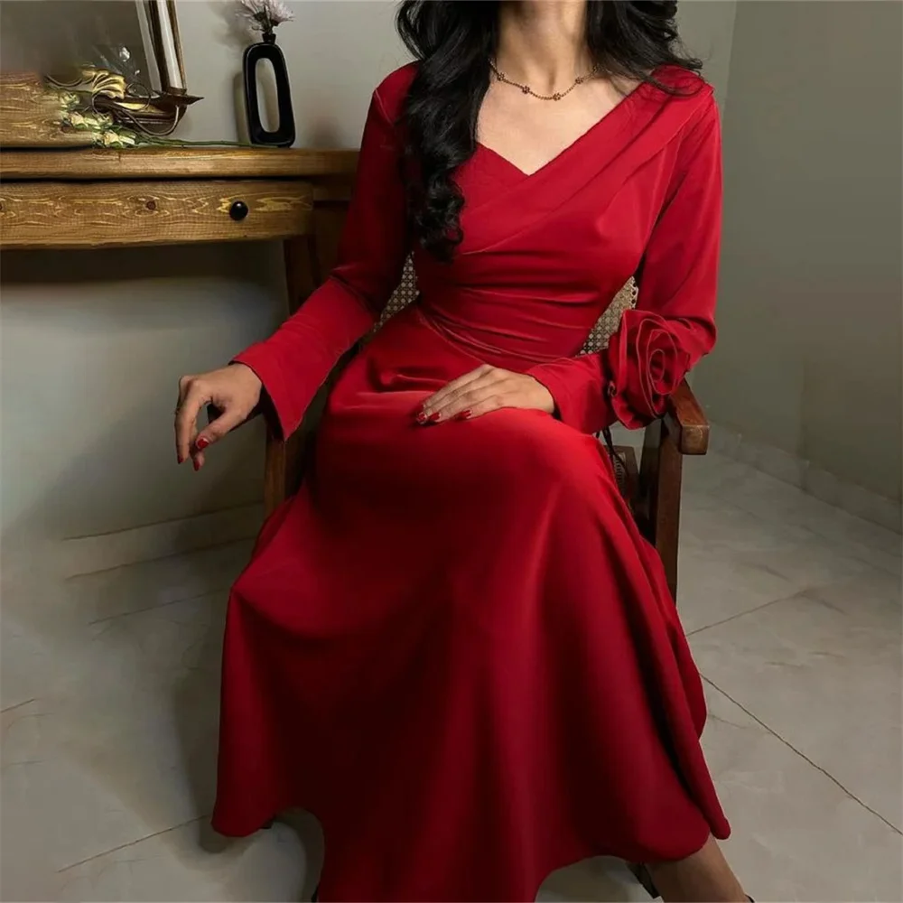 ROYET Flower V Neck Pleat Long Red A Line Long Classic Prom Dress Floor Length Sweep Train Simple Vintage Elegant Evening Gown