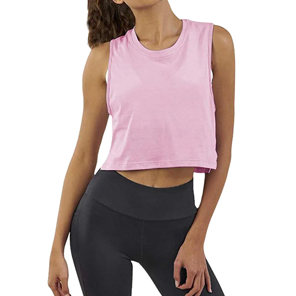 Solid Color Women Crop Top Sleeveless Running Workout Gym Athletic Breathable Push Up Sport Tank Casual Loose Vest Топ Женский