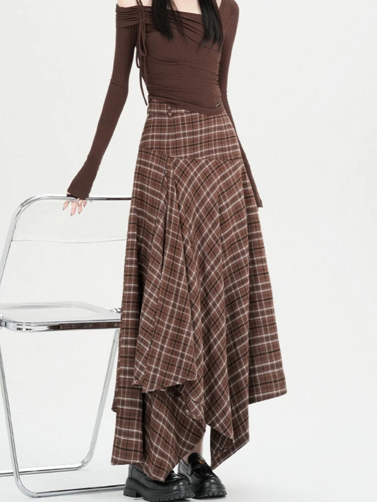 Pleated Long Skirts Women Check Skirt 2026 Goth Vintage Spring High Waist Ruffles Asymmetrical Maxi Plaid Skirt Oversized 3XL