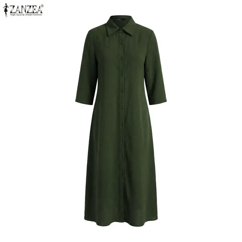 ZANZEA Damen OL Arbeitshemdkleider A-Linie 3/4-Ärmel Sommerkleid Einfarbig Vintage Casual Robe Femme Umlegekragen Vestidos